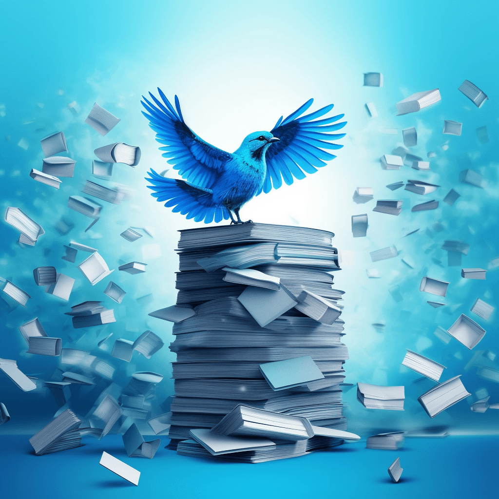 A bird flying over a stack of documents